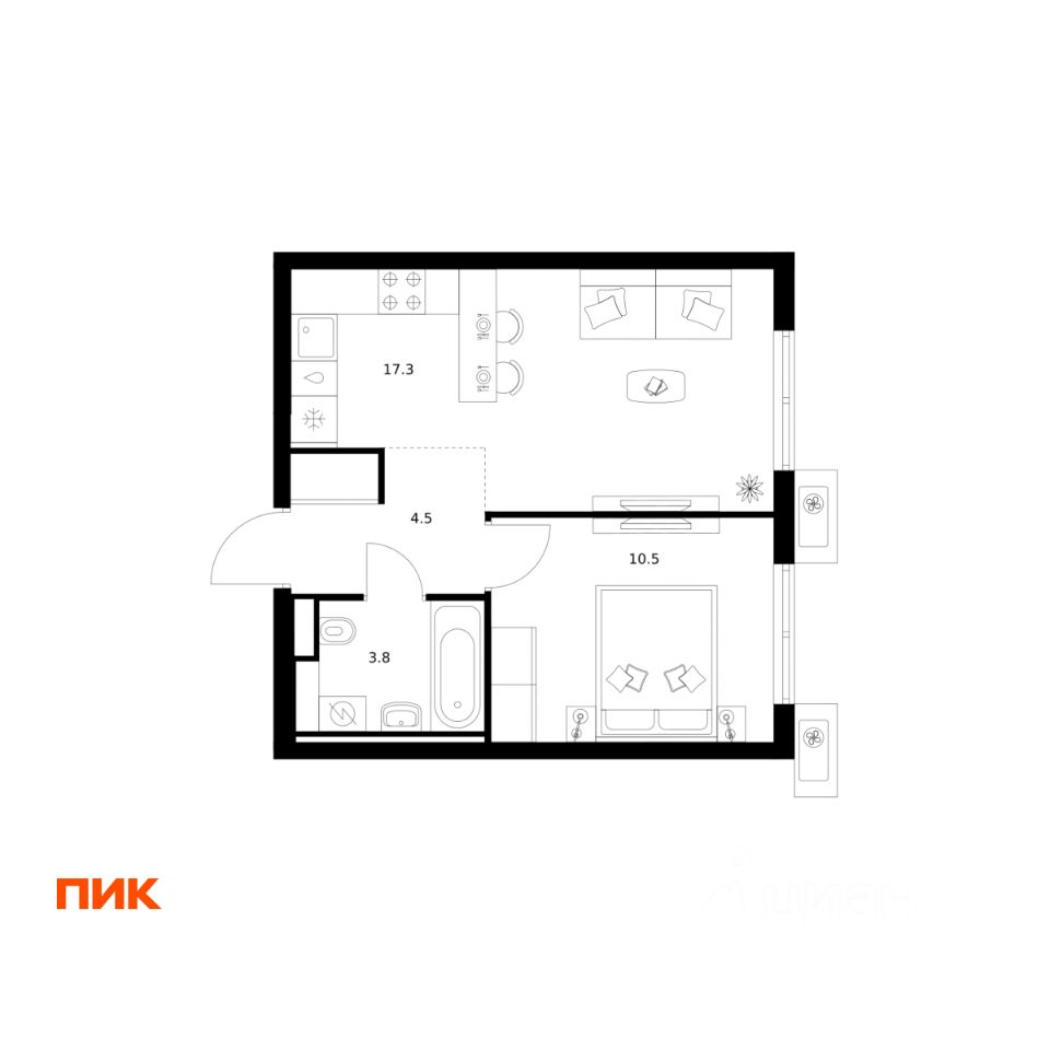 1-комн.кв., 36,1 м², 22/24 этаж