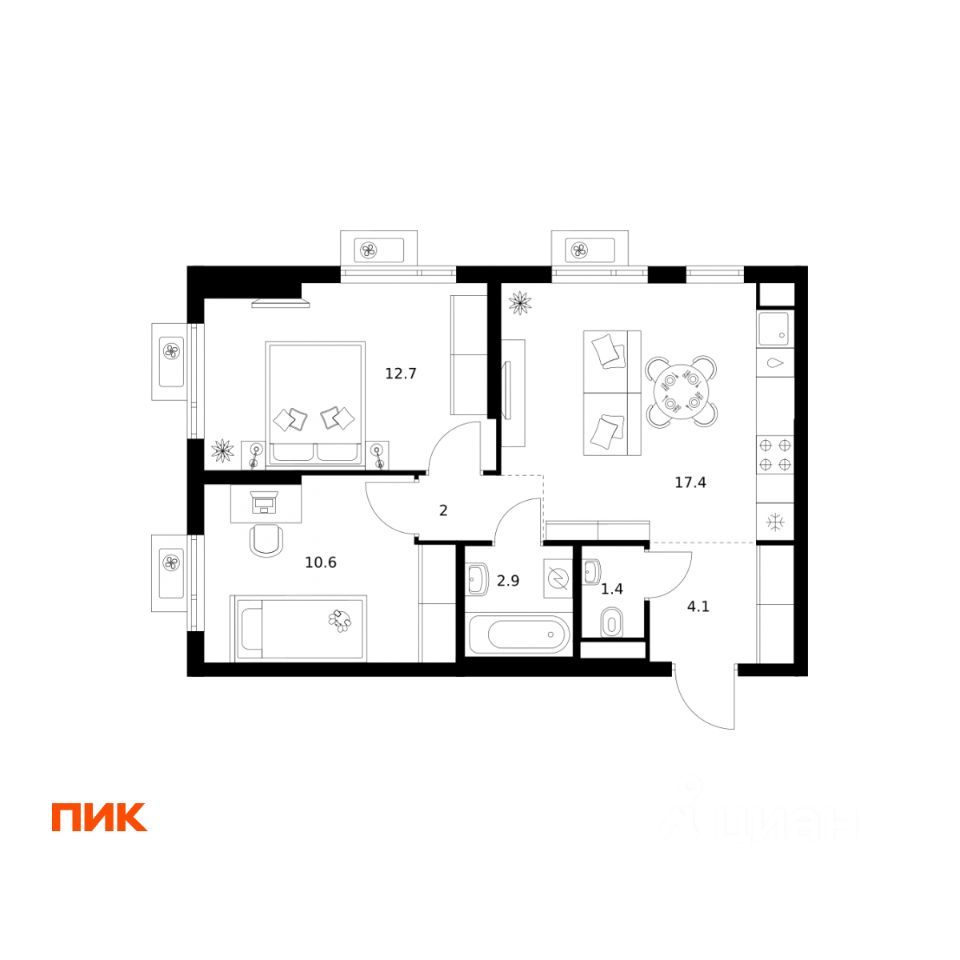 2-комн.кв., 51,1 м², 7/24 этаж