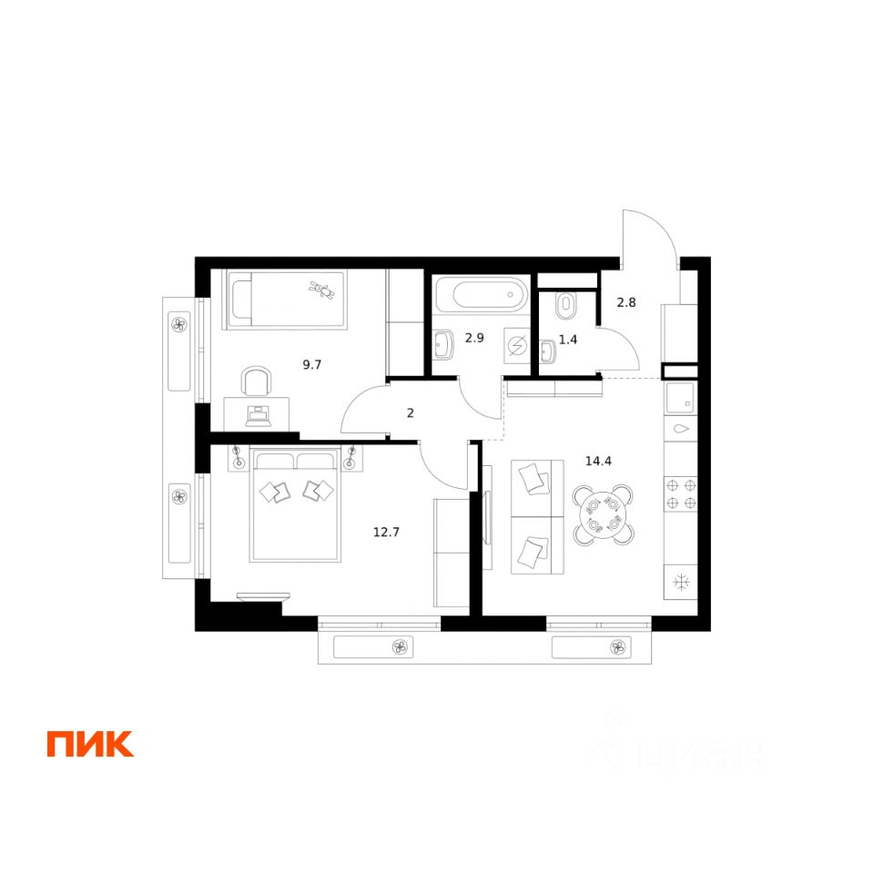 2-комн.кв., 45,9 м², 3/24 этаж