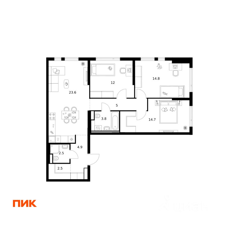 3-комн.кв., 83,8 м², 2/24 этаж