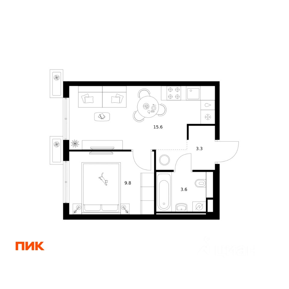 1-комн.кв., 32,3 м², 12/15 этаж