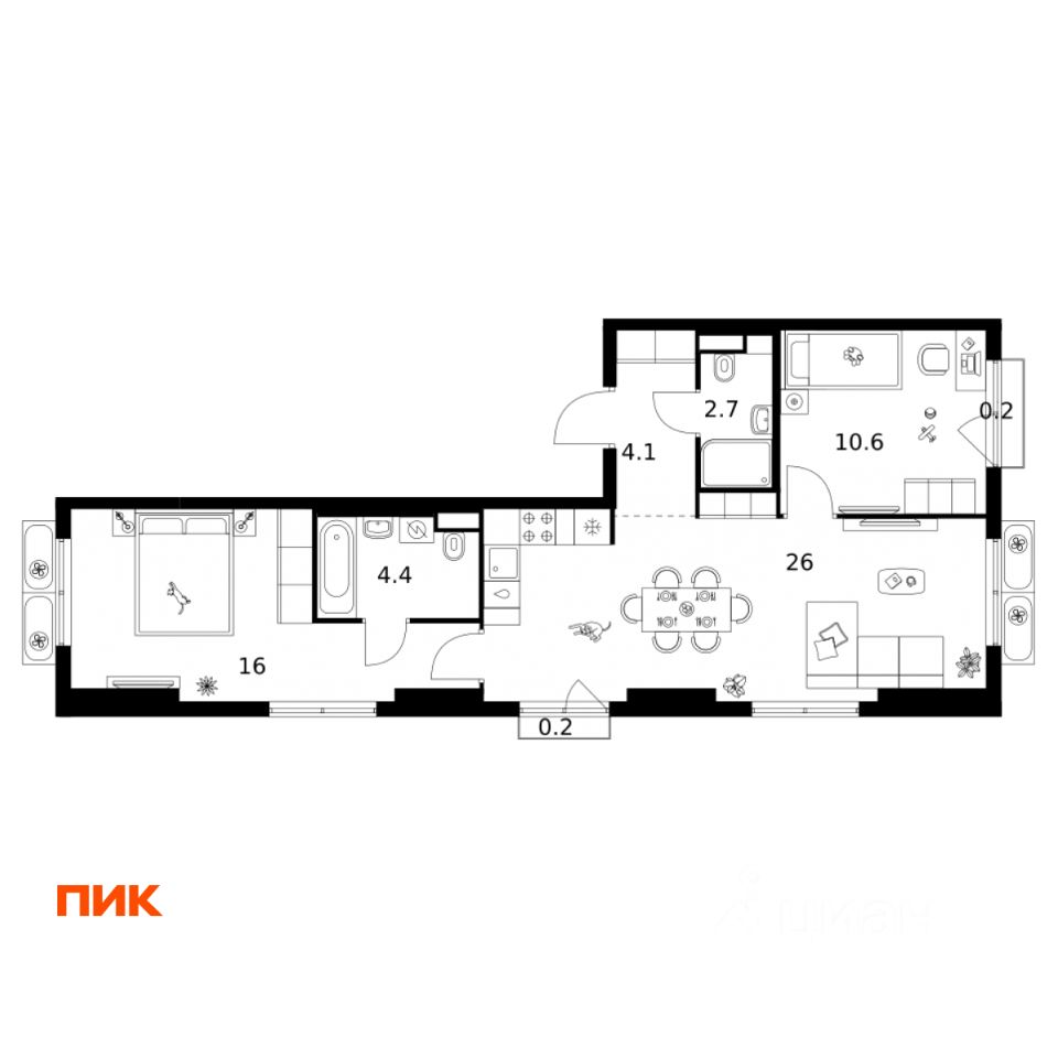 2-комн.кв., 64,2 м², 5/15 этаж