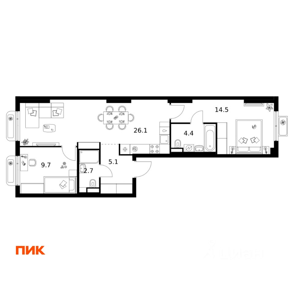 2-комн.кв., 62,5 м², 14/15 этаж