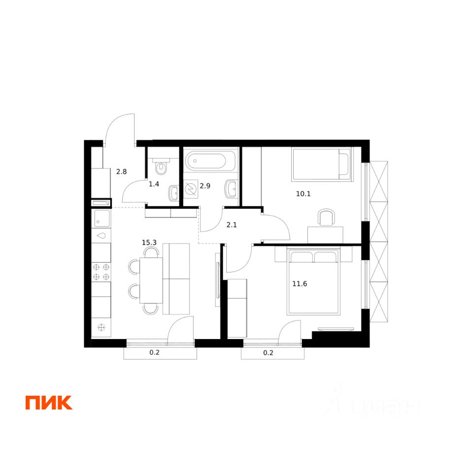 2-комн.кв., 46,6 м², 8/24 этаж