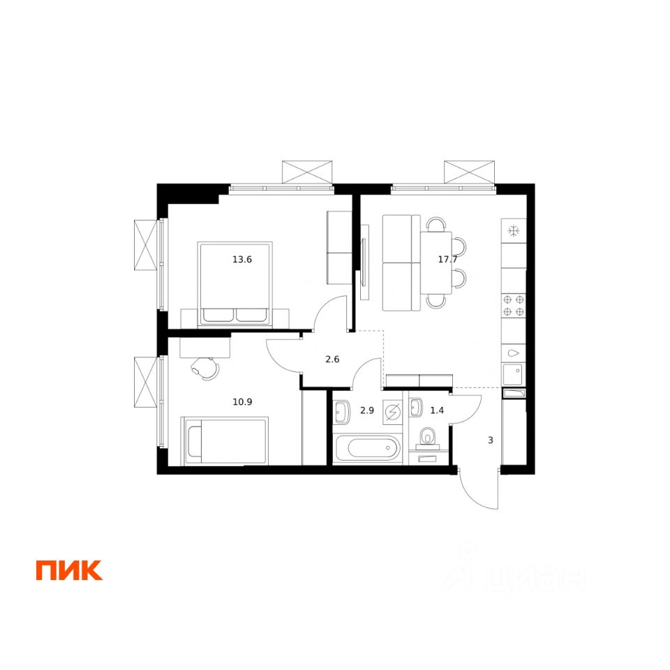 2-комн.кв., 52,1 м², 7/13 этаж