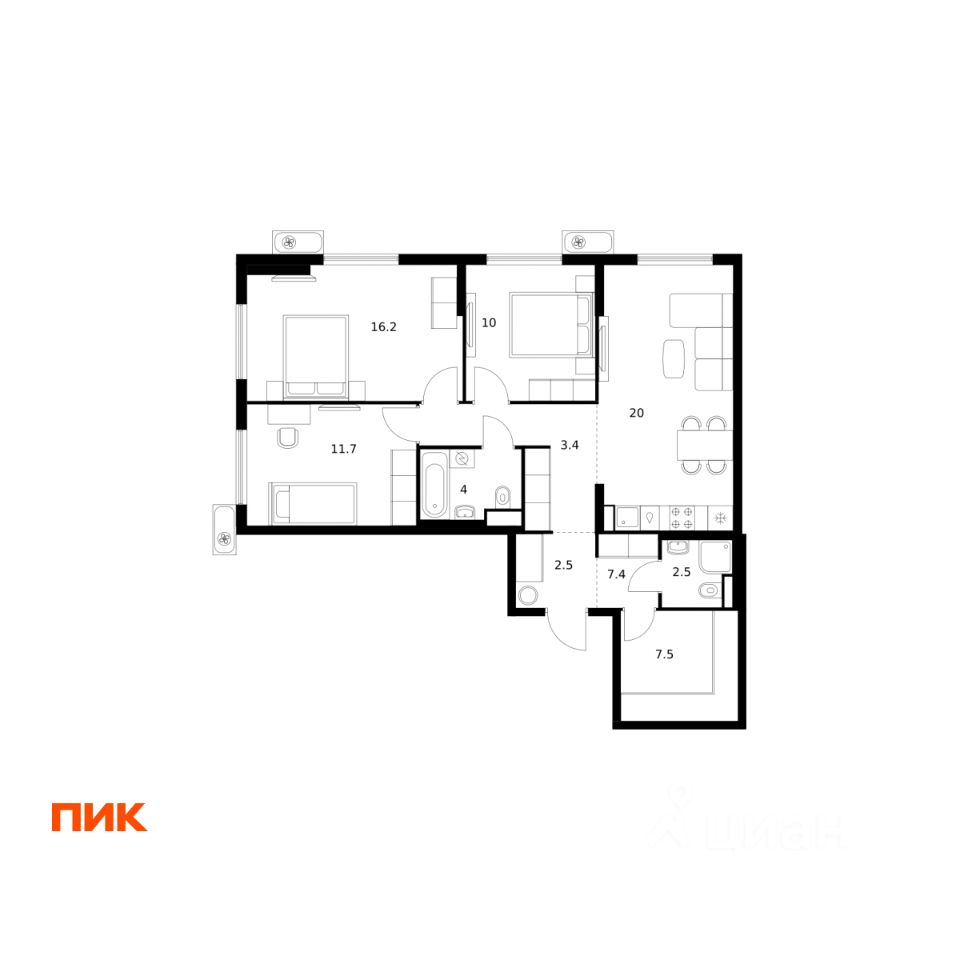 3-комн.кв., 85,2 м², 22/25 этаж