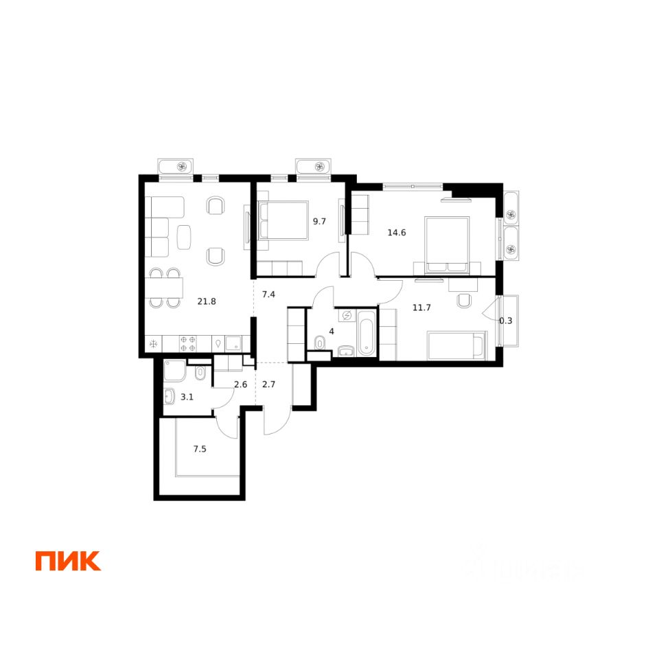 3-комн.кв., 85,4 м², 6/24 этаж