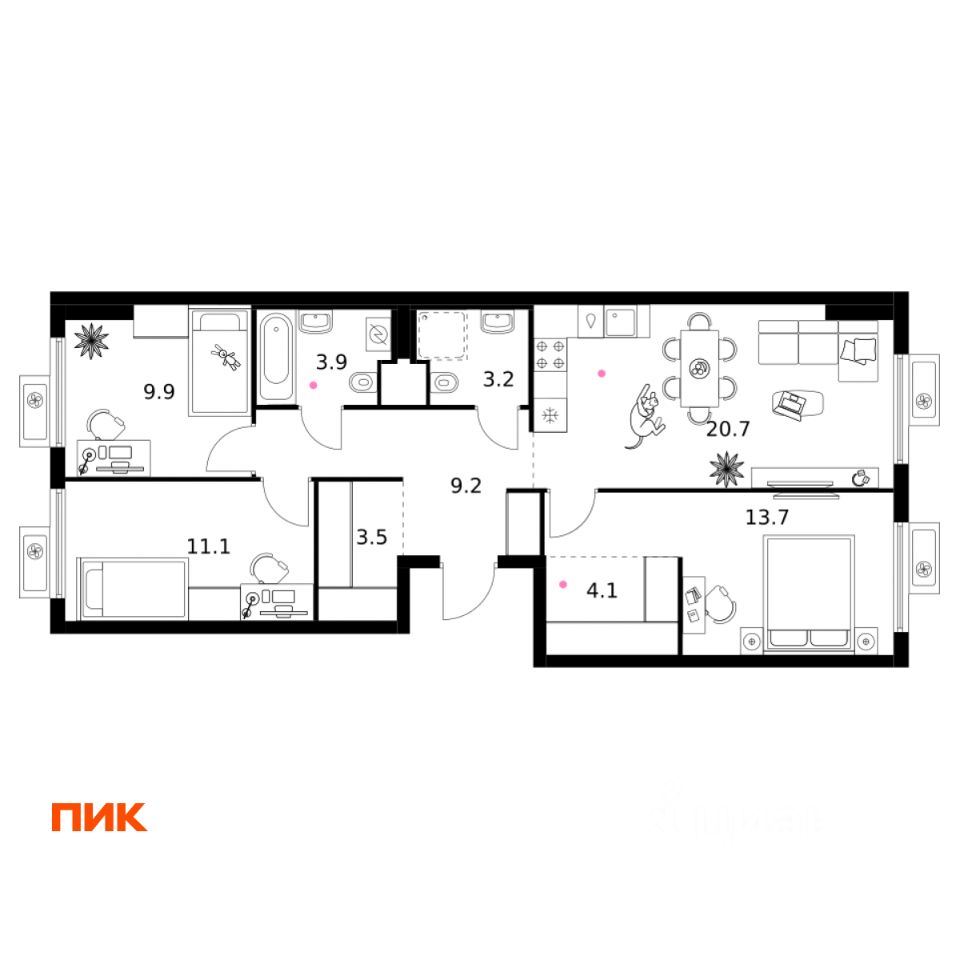 3-комн.кв., 79,3 м², 11/15 этаж