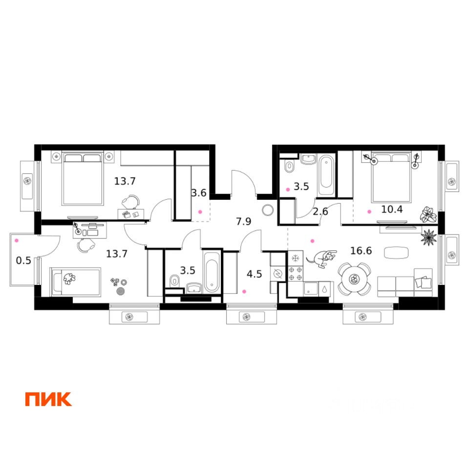 3-комн.кв., 80,5 м², 16/20 этаж