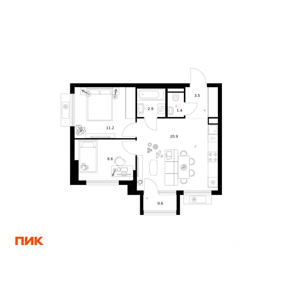 2-комн.кв., 49,1 м², 5/11 этаж