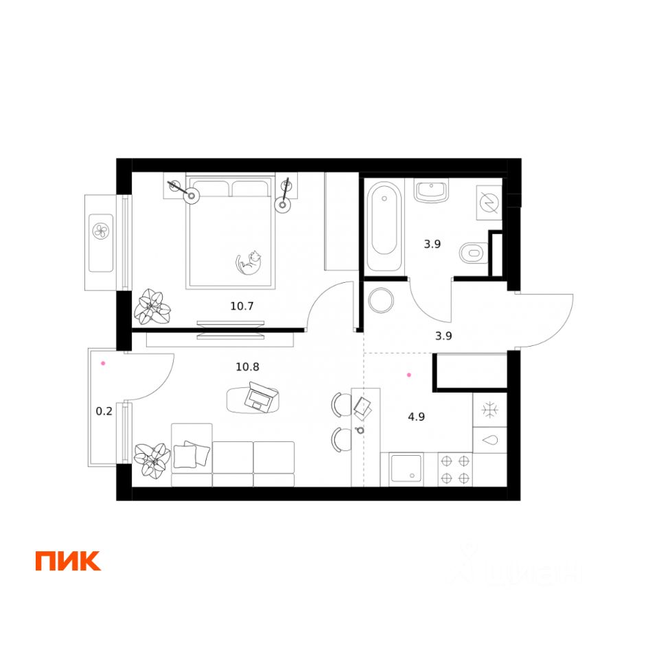 1-комн.кв., 34,4 м², 4/20 этаж