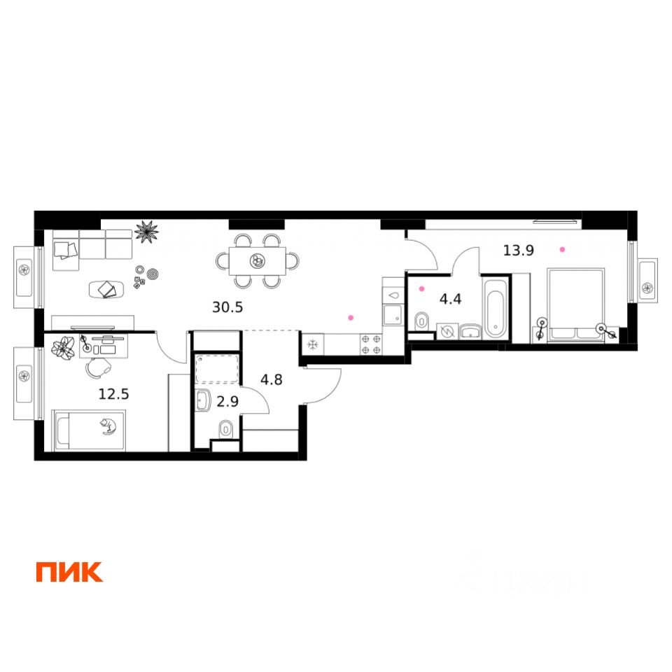 2-комн.кв., 69 м², 9/20 этаж