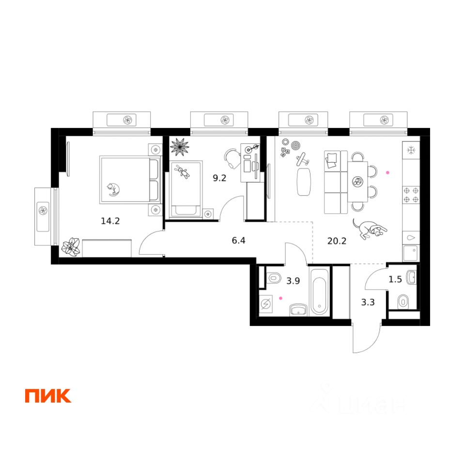 2-комн.кв., 58,7 м², 9/11 этаж