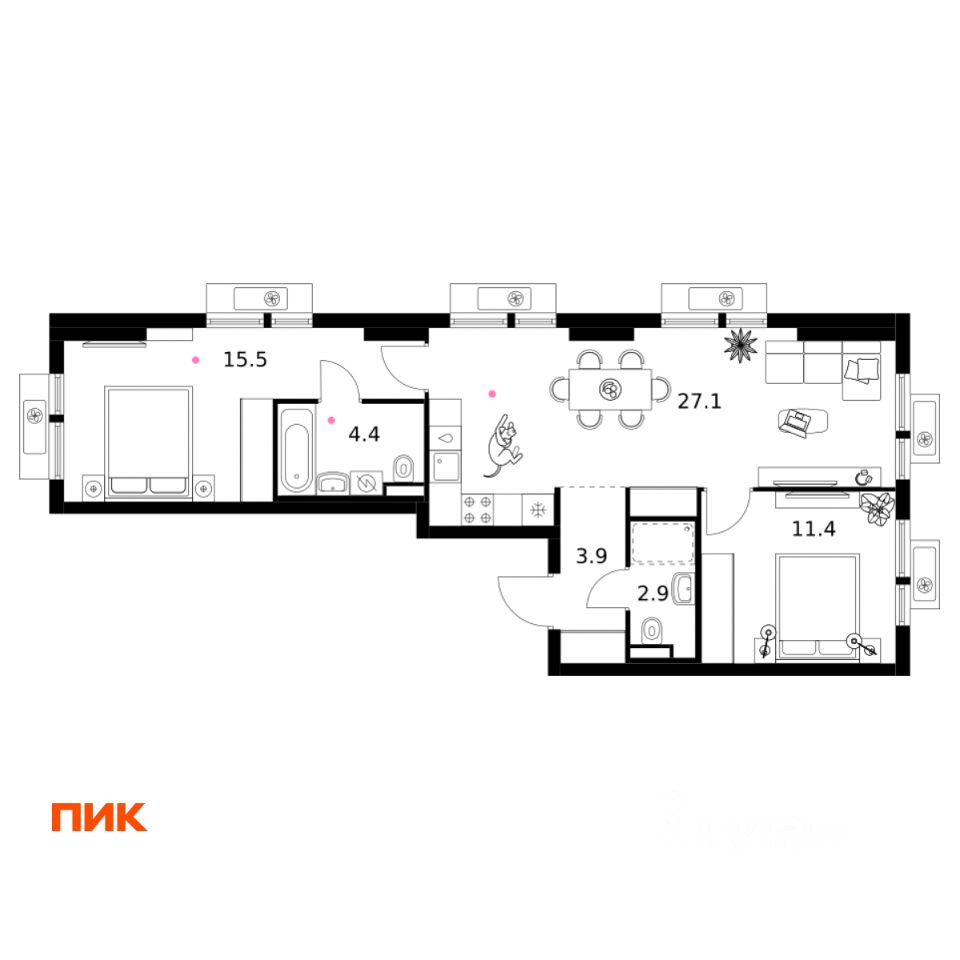 2-комн.кв., 65,2 м², 19/25 этаж