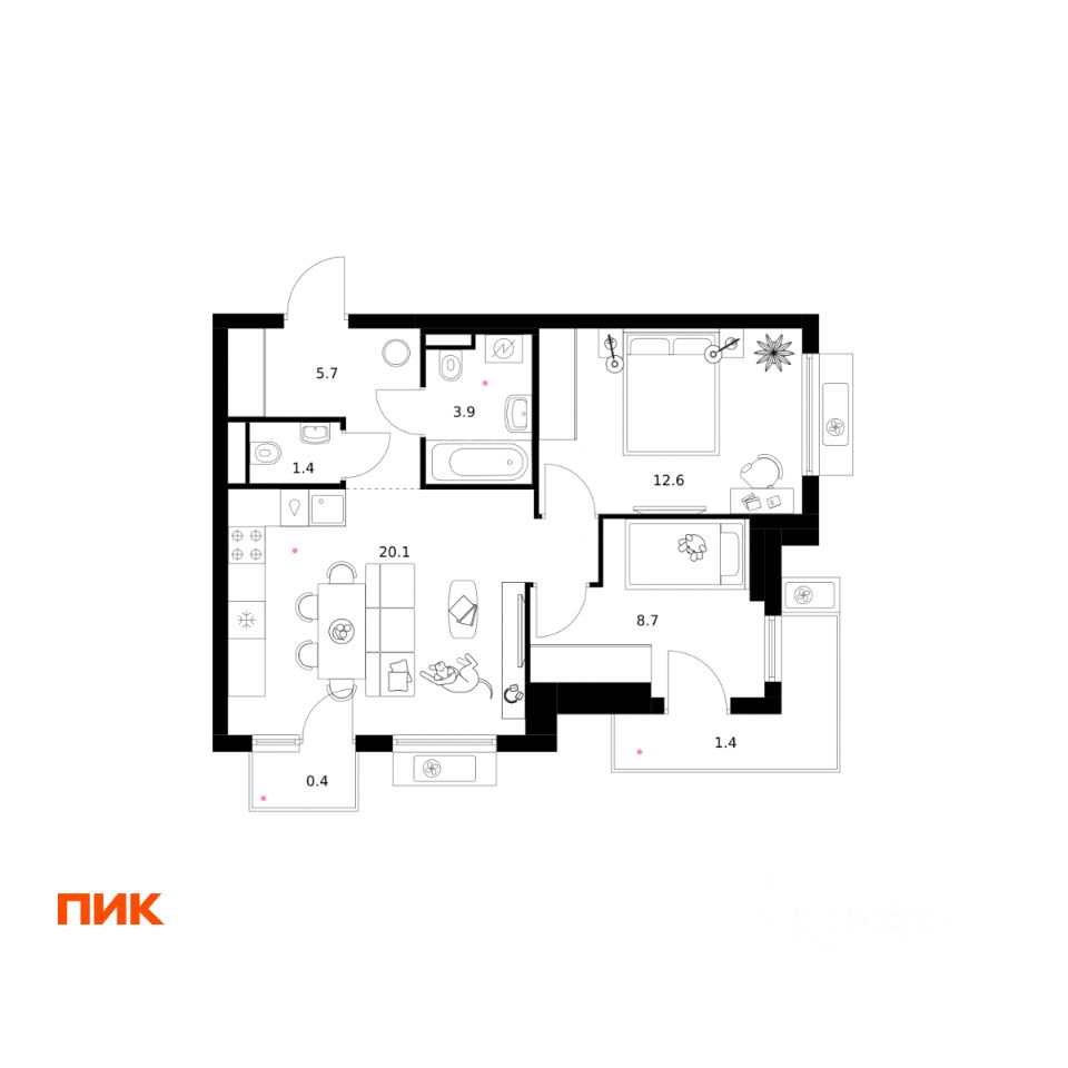 2-комн.кв., 54,2 м², 5/25 этаж