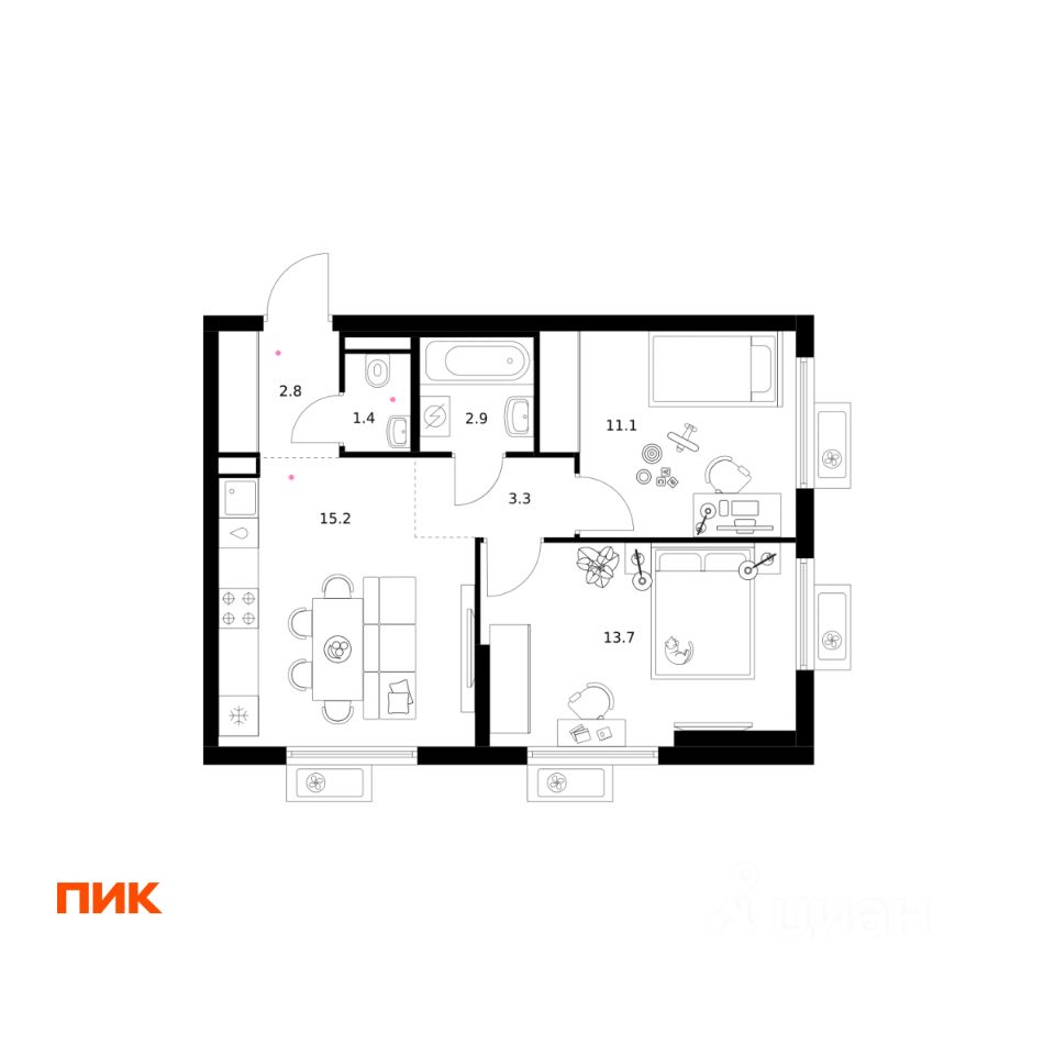 2-комн.кв., 50,4 м², 14/25 этаж