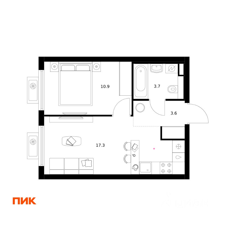 1-комн.кв., 35,5 м², 17/25 этаж