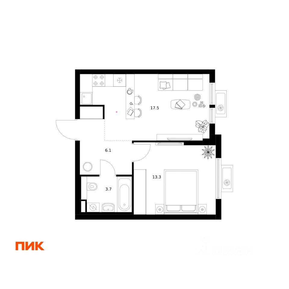 1-комн.кв., 40,6 м², 13/25 этаж