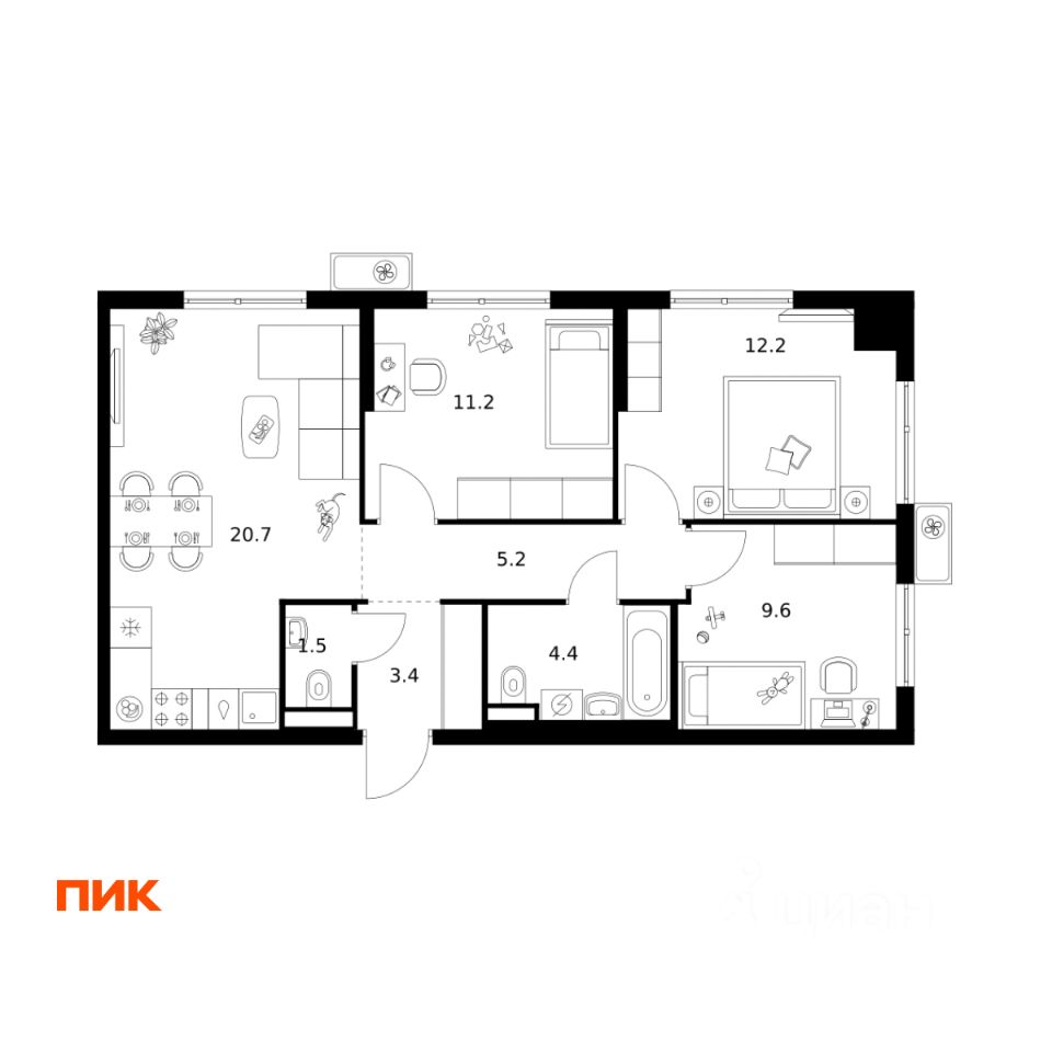 3-комн.кв., 68,2 м², 25/25 этаж