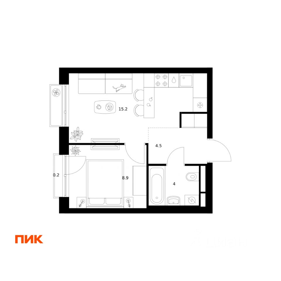 1-комн.кв., 32,8 м², 4/14 этаж