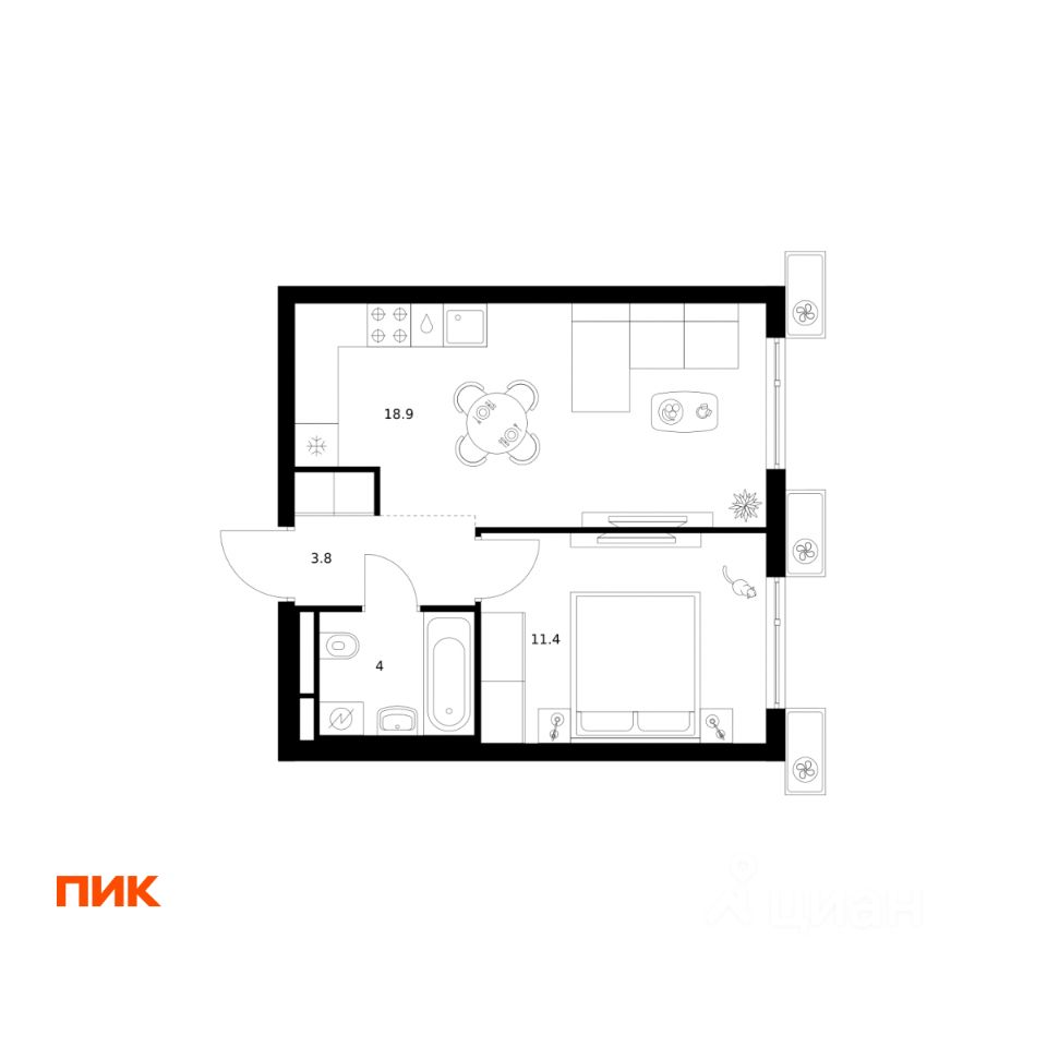 1-комн.кв., 38,1 м², 8/14 этаж