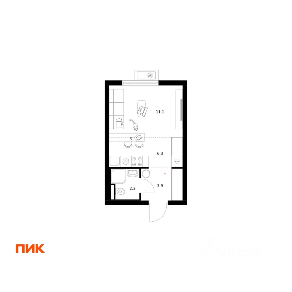 Студия, 23,6 м², 11/15 этаж