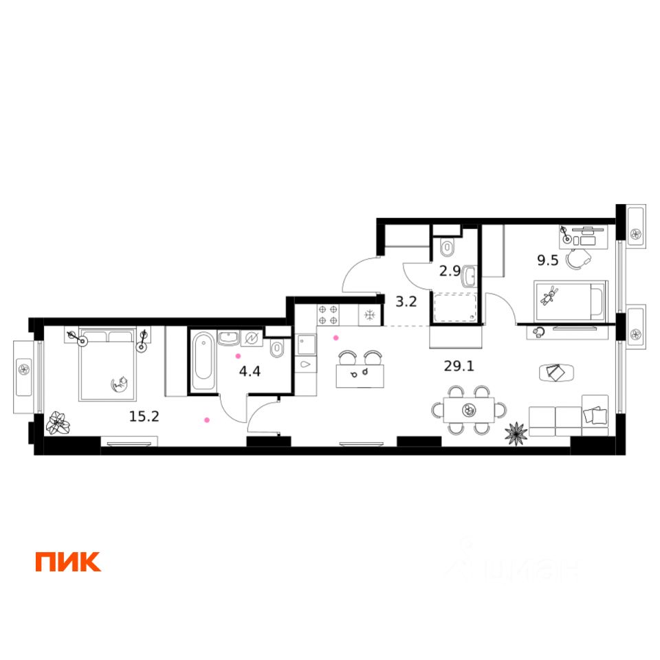 2-комн.кв., 64,3 м², 10/19 этаж