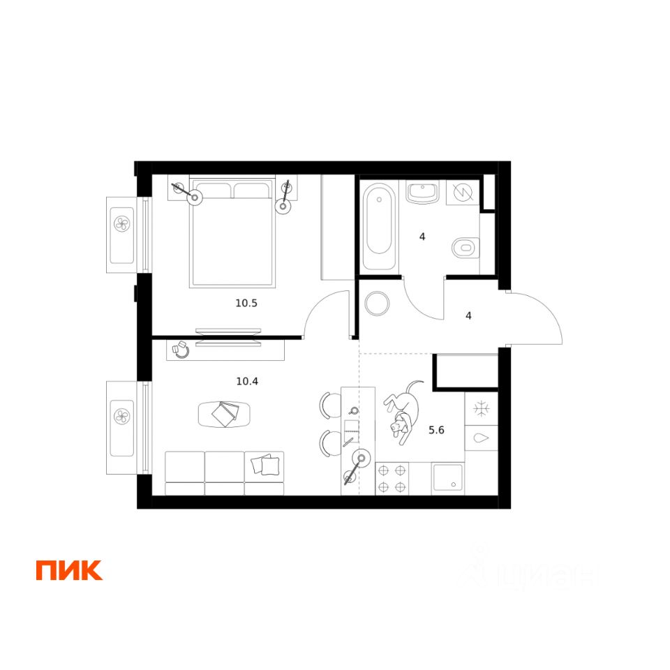 1-комн.кв., 34,5 м², 4/15 этаж