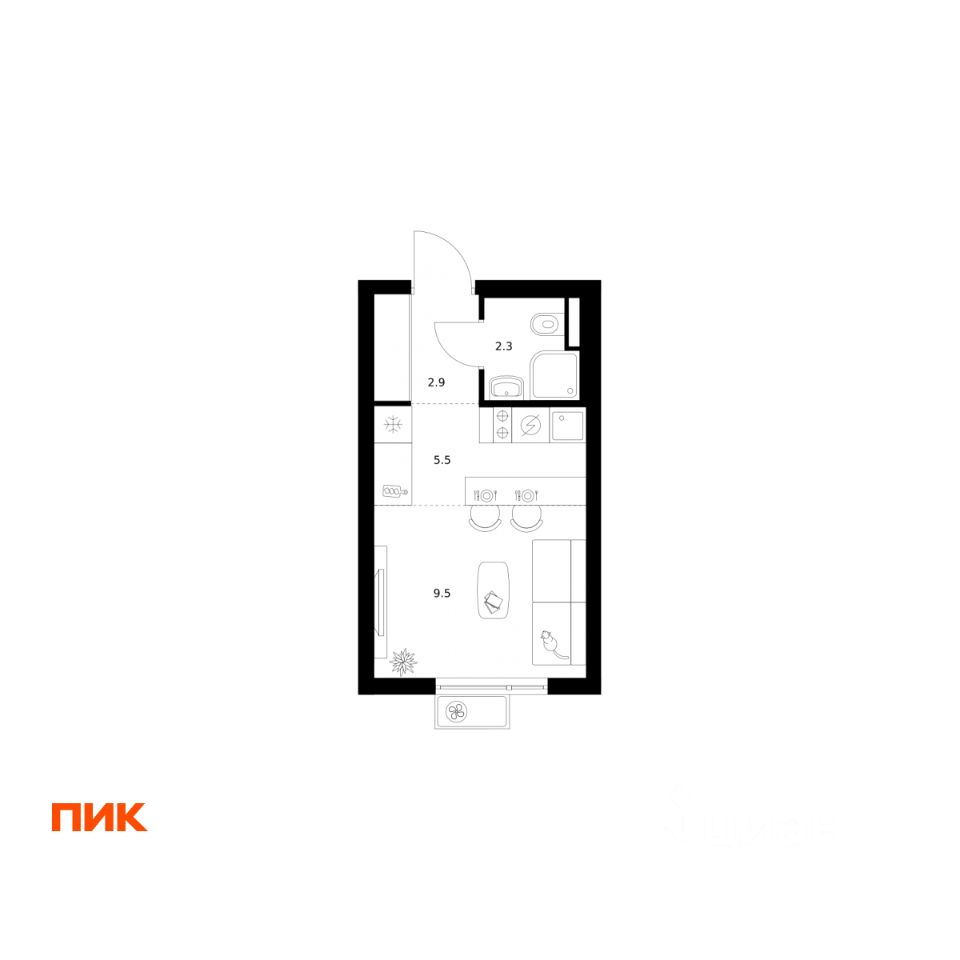 Студия, 20,2 м², 13/25 этаж