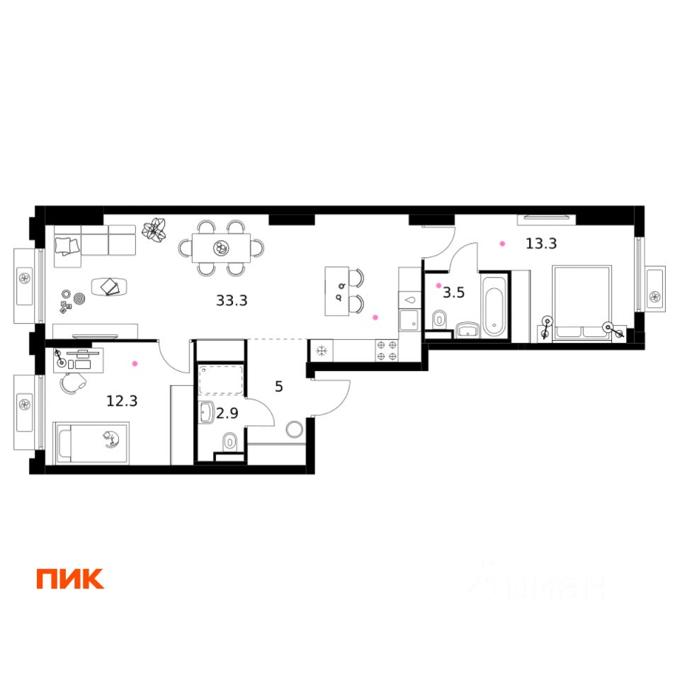 2-комн.кв., 70,3 м², 15/19 этаж