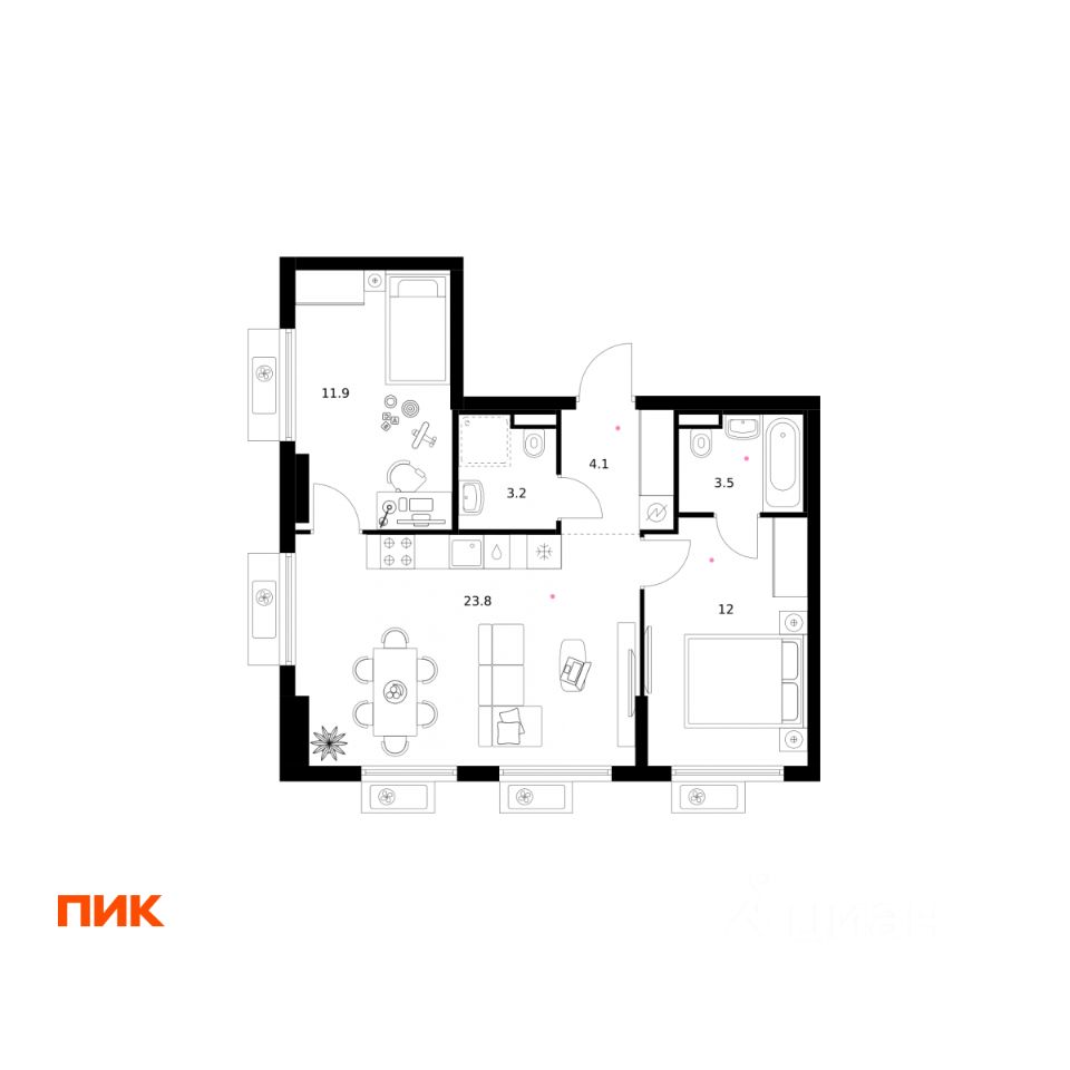 2-комн.кв., 58,5 м², 6/15 этаж