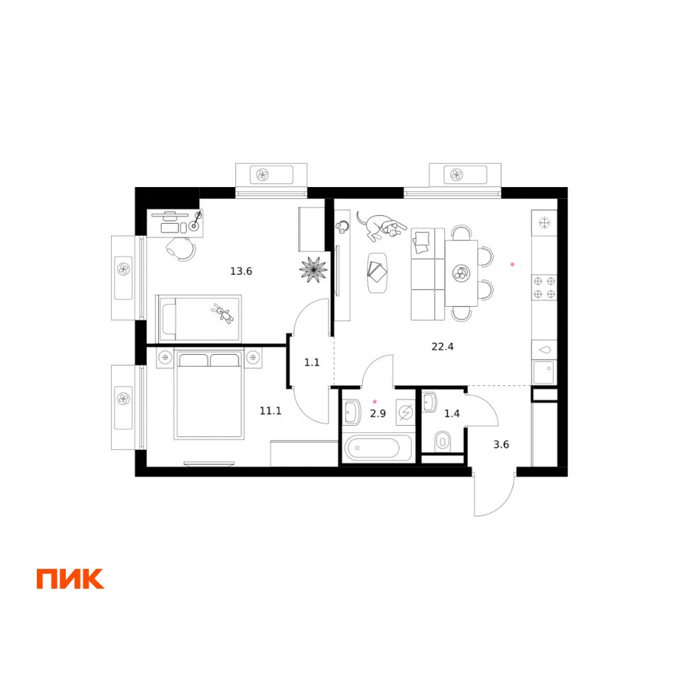 2-комн.кв., 56,1 м², 11/15 этаж