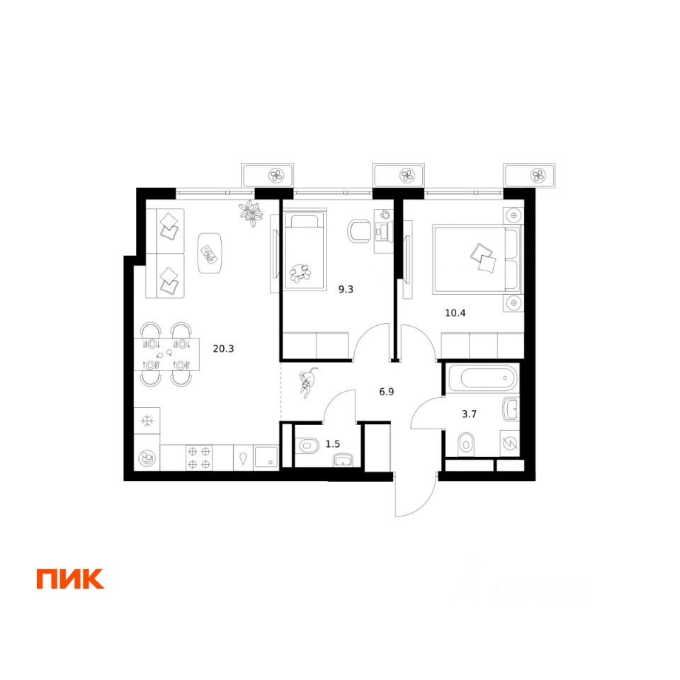 2-комн.кв., 52,1 м², 9/25 этаж