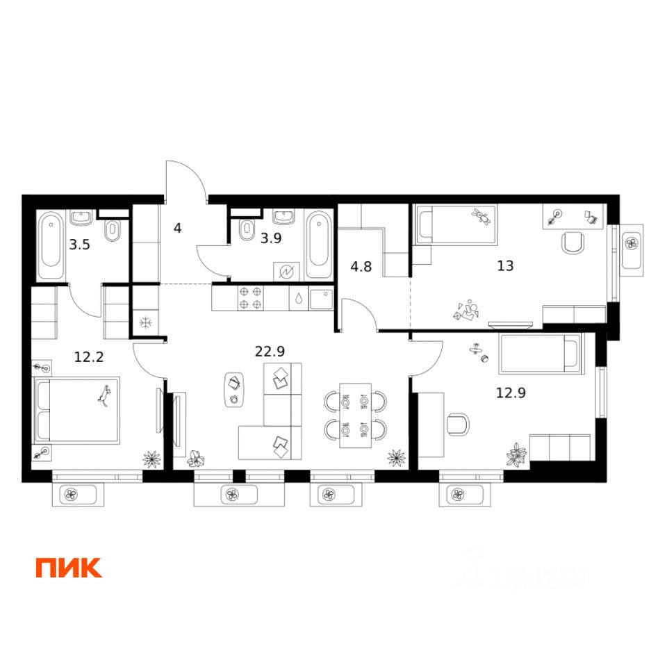 3-комн.кв., 77,2 м², 4/25 этаж