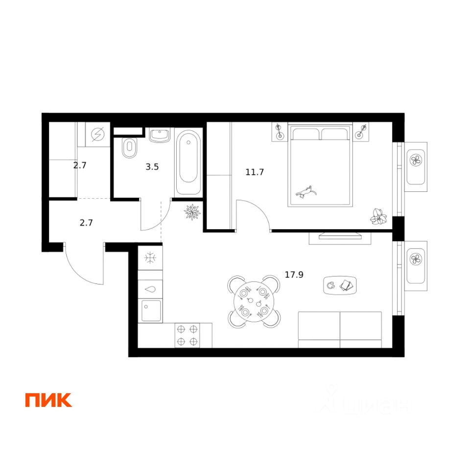 1-комн.кв., 38,5 м², 3/25 этаж