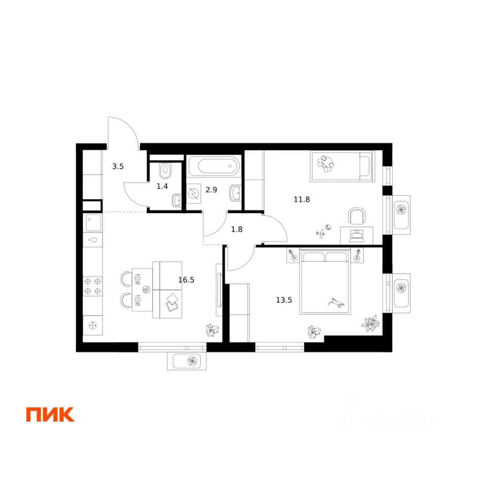 2-комн.кв., 51,4 м², 3/25 этаж