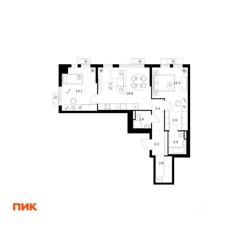 2-комн.кв., 66,1 м², 6/25 этаж