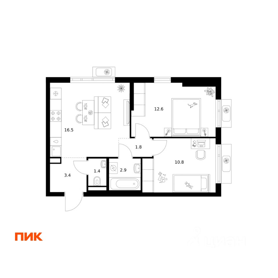 2-комн.кв., 49,4 м², 8/25 этаж