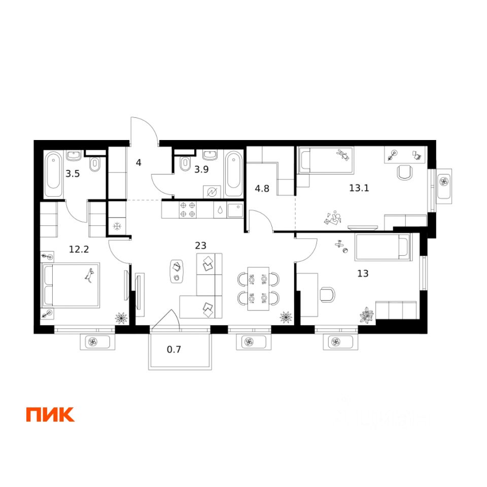3-комн.кв., 78,2 м², 19/25 этаж