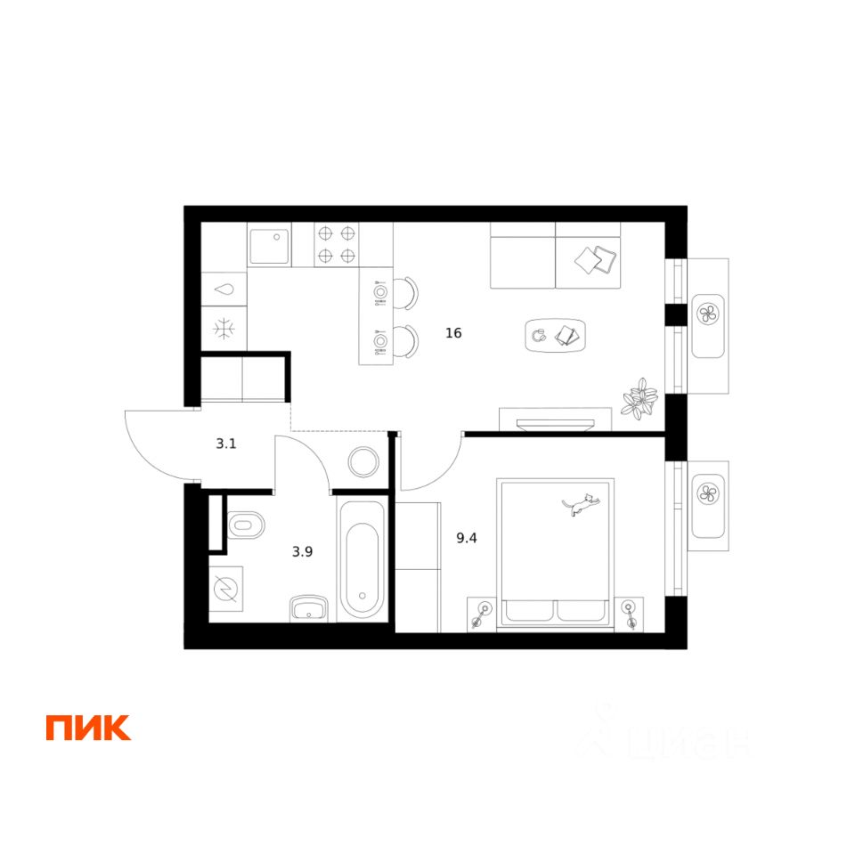 1-комн.кв., 32,4 м², 4/25 этаж