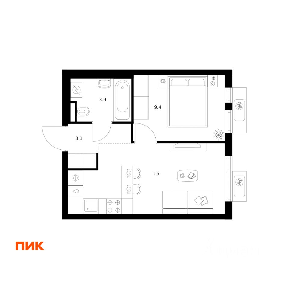 1-комн.кв., 32,4 м², 4/25 этаж