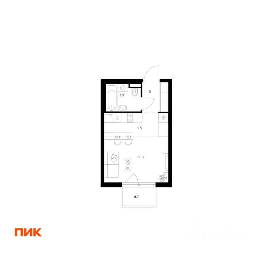 Студия, 24,4 м², 15/25 этаж