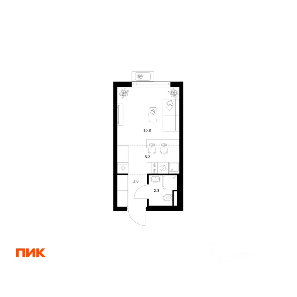 Студия, 21,1 м², 13/25 этаж