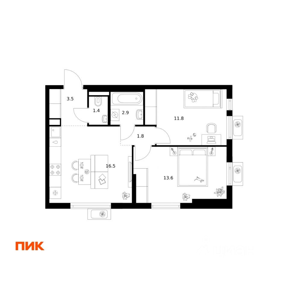 2-комн.кв., 51,5 м², 13/25 этаж
