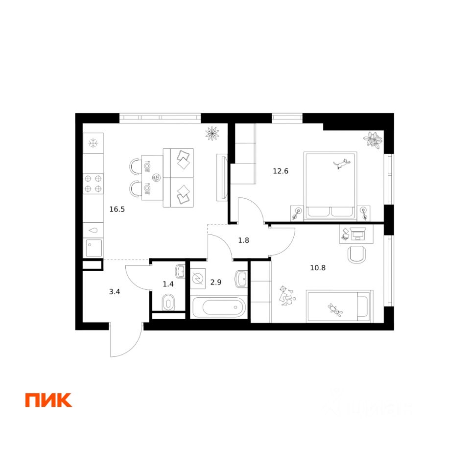 2-комн.кв., 49,4 м², 24/25 этаж