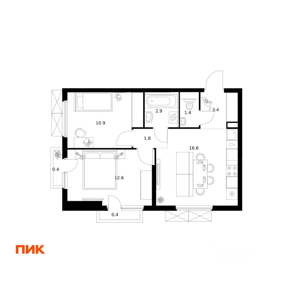 2-комн.кв., 50,4 м², 14/25 этаж