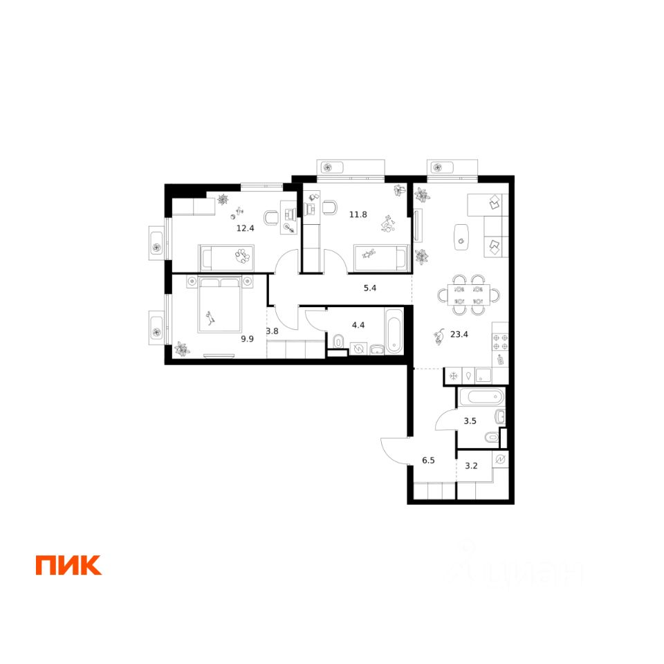 3-комн.кв., 84,3 м², 15/25 этаж