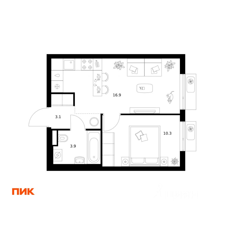 1-комн.кв., 34,2 м², 7/25 этаж