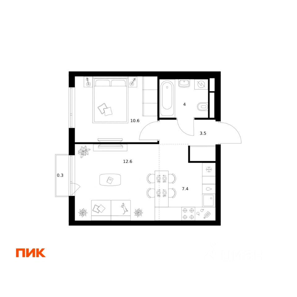 1-комн.кв., 38,4 м², 2/25 этаж
