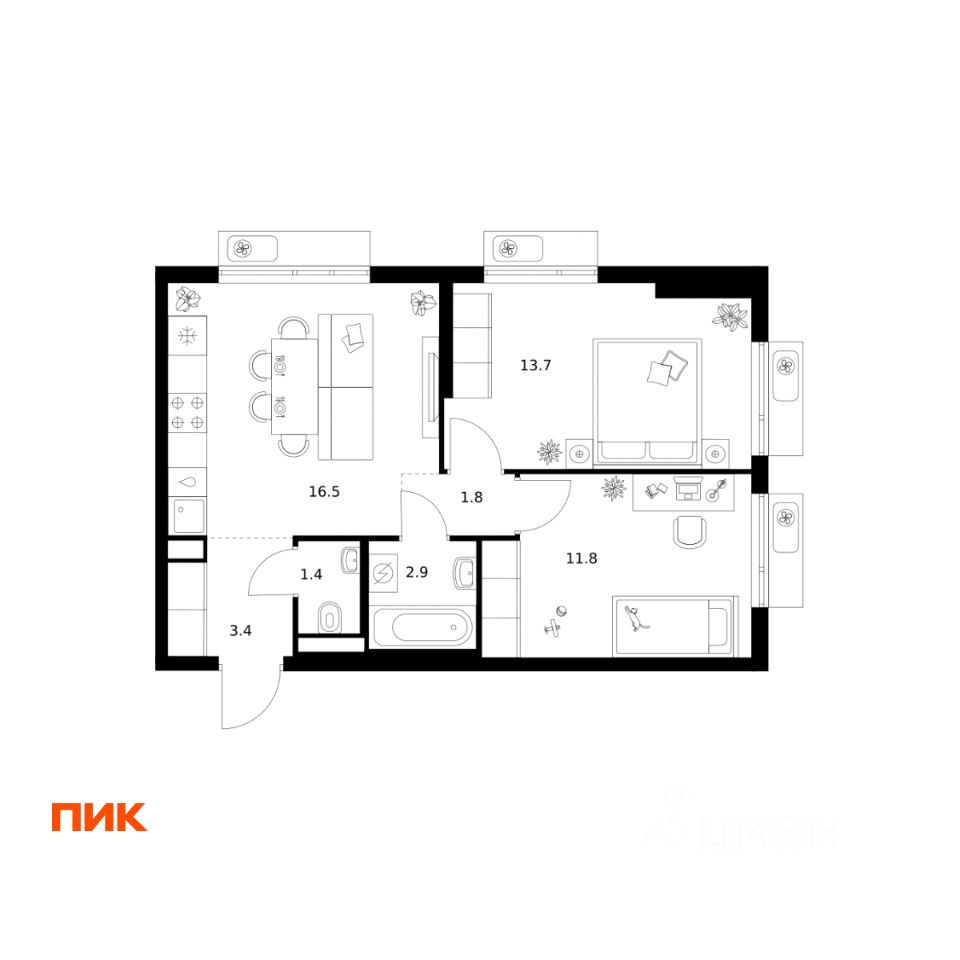 2-комн.кв., 51,5 м², 3/25 этаж